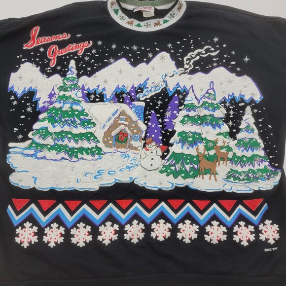 Vintage 90s Black Ugly Christmas Sweatshirt Puff Print Seasons Greetings sz L - Picture 5 of 11